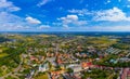 Top aerial panoramic view of Lowicz old town historical city centre with Rynek Market Square  Old Town Hall  New City Hall Royalty Free Stock Photo