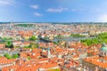 Top aerial panoramic view of Prague historical city centre with red tiled roof buildings in Mala Strana Lesser Town Royalty Free Stock Photo