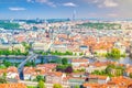 Top aerial panoramic view of Prague historical city centre with red tiled roof buildings in Mala Strana Lesser Town and Old Town Royalty Free Stock Photo