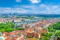 Top aerial panoramic view of Prague historical city centre with red tiled roof buildings Royalty Free Stock Photo