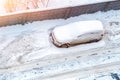 Top aerial view of apartment office building parking lot with many cars covered by snow stucked after heavy blizzard snowfall Royalty Free Stock Photo