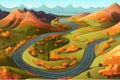 Top aerial view of autumn mountains with road serpent isolated vector style illustration