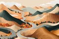 Top aerial view of autumn mountains with road serpent isolated vector style illustration