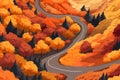 Top aerial view of autumn mountains with road serpent isolated vector style illustration