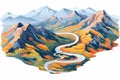 Top aerial view of autumn mountains with road serpent isolated vector style illustration