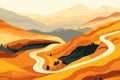 Top aerial view of autumn mountains with road serpent isolated vector style illustration