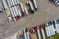 Top view car parking for heavy trucks stop on rest area in the highway trucks stand in a row Royalty Free Stock Photo