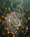 Top aerial view of famous Snake road near Passo Giau in Dolomite Alps