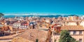 Top aerial view on Girona, Catalonia, Spain. Scenic and colorful ancient town. Famous tourist resort destination, perfect place