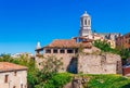 Top aerial view on Girona, Catalonia, Spain. Scenic and colorful ancient town. Famous tourist resort destination, perfect place