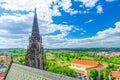 Top aerial view of Prague Royal Garden and roof and spire of St. Vitus cathedral