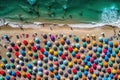 Top Aerial view of a sandy beach line full of bathers and people and colorful umbrellas illustration generative ai