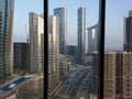 Top aerial view shot of city skyscrapers from a modern office space | Al Reem island Sun and Sky towers and landmarks in Abu Dhabi Royalty Free Stock Photo
