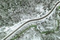 Top aerial view of snow mountain landscape with trees and road. Austria