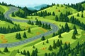 Top aerial view of summer mountains with road serpent isolated vector style illustration