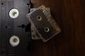Top angle shot of old Video Cassette on wooden Background. World Day for Audiovisual Heritage