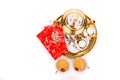 Top angle view on Chinese tea set with envelope bearing the word double happiness Royalty Free Stock Photo
