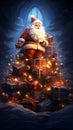 Top arranged with colorful gifts with bows and baubles on top Santa Claus. Gifts as a day symbol of present and