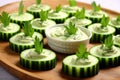 top an arrangement of cucumber slices with hummus using spoon Royalty Free Stock Photo