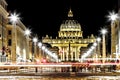 VATICAN AND SAINT PETER BASILICA NIGHT LIGHT AND TRAFFIC. FAMOUS DESTINATION OF ROME. Royalty Free Stock Photo