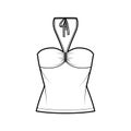 Top bandeau neck halter tank cotton-jersey technical fashion illustration with thin tieback, slim fit, bow, tunic length