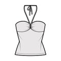 Top bandeau neck halter tank cotton-jersey technical fashion illustration with thin tieback, slim fit, bow, tunic length