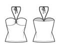 Top bandeau neck halter tank cotton-jersey technical fashion illustration with thin tieback, slim fit, bow, tunic length