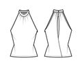 Top banded high neck halter tank technical fashion illustration with wrap, slim fit, tunic length. Flat apparel outwear