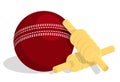 Top bars of wooden cricket wicket lie on top on red sports ball. Isolated vector