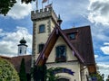 Castle tower top on Bavarian Inn building in downtown Frankenmuth, Michigan Royalty Free Stock Photo
