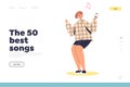 Top best songs concept of landing page with happy girl dance listening favorite music in earphones