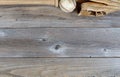 Top border of used baseball equipment on rustic wooden boards