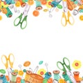 Top and bottom seamless borders of sewing items. Thread spools, scissors, buttons and needles. Dressmaking clipart. Tailoring Royalty Free Stock Photo