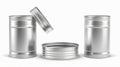 The top and bottom views of a tin can with a ring pull are paired up of a cylinder food metal jar with a lid and an open Royalty Free Stock Photo