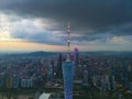 The top of Canton Tower with Zhujiang New Town as background at sunset