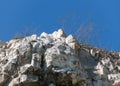 Top of chalk cliffs with rifts, cracks, stones and withered grass close-up