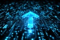 On top of circuit board patterns, an image displays a blue arrow pointing up and to the right, accompanied by the Royalty Free Stock Photo