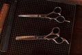 Top close up view of barber scissors that are lying down