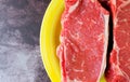 Top close view of New York strip steaks on a bright yellow plate atop a countertop