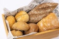 Top closeup of a basket filled with Portuguese rolls, Pane artigianale, Ciabatta bread on the paper Royalty Free Stock Photo