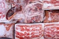 Top closeup of red meat package stacks in a box