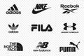 Top clothing brands logos. Set of most popular logo - NIKE, Adidas, Reebok, Puma, New Balance, Under Armour, FILA, The North Face.