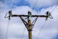 Top of concrete electricity pole with glass isolators on metal crown Royalty Free Stock Photo