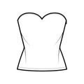 Top crop strapless sweetheart neckline technical fashion illustration with slim fit, waist length. Flat apparel shirt