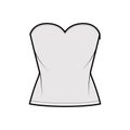 Top crop strapless sweetheart neckline technical fashion illustration with slim fit, waist length. Flat apparel shirt