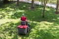 Top down above view of professional lawn mower worker cutting fresh green grass with landcaping tractor equipment Royalty Free Stock Photo