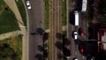 Overhead drone shot of busy roundabout