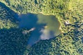 Top down aerial view of big lake with clear blue water between high mountain hills covered with dense evergreen forest Royalty Free Stock Photo