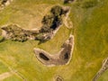 Top down aerial view with early spring meadows and river Royalty Free Stock Photo