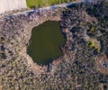 Top down aerial view with early spring meadows and river Royalty Free Stock Photo